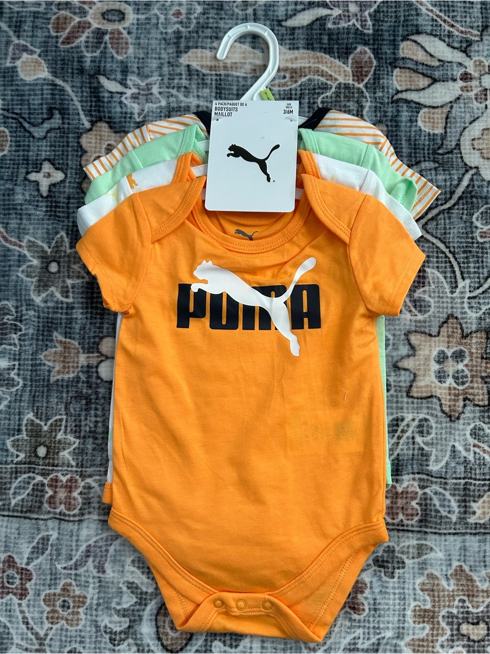 ✅ Puma Baby 4-Pack Bodysuits 3-6M NWT Orange Mint Stripe All-Over Print Logo - Picture 2 of 9